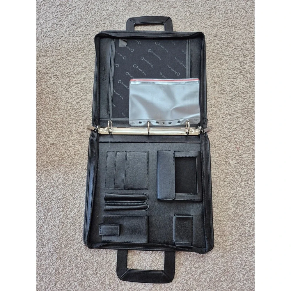 Franklin Covey Black Leather Zippered 3 Ring Binder Planner Briefcase